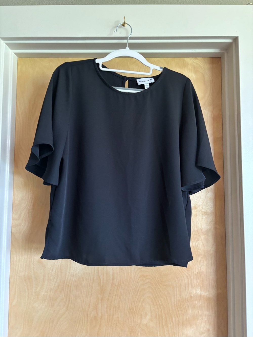 Veronica M Black Flutter Bell Sleeve Round Neck Keyhole Back Top M